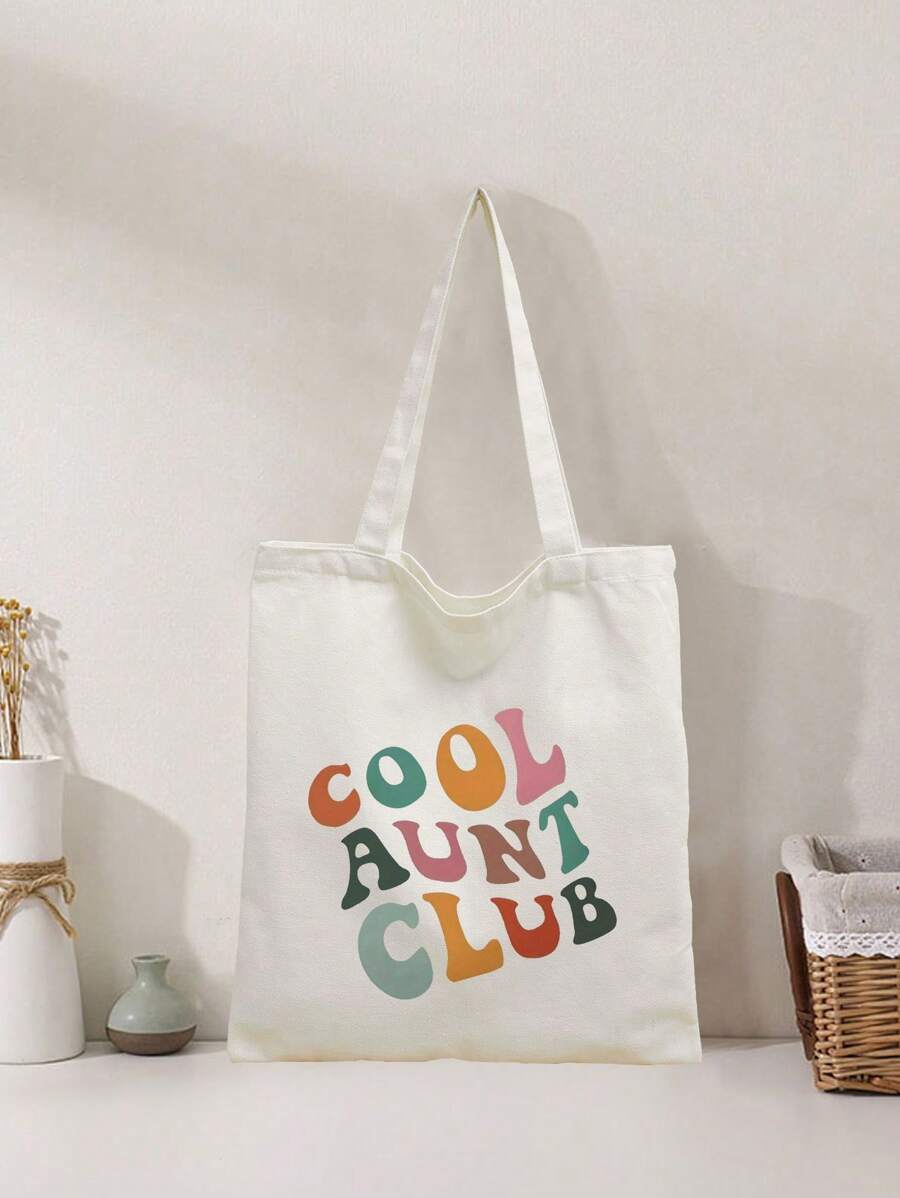 Bolso de lona estampado "Club de tías geniales" - Bolso de hombro de poliéster de moda para viajes, trayectos diarios y compras de comestibles reutilizables; Bolsa plegable de playa para vacaciones, regalo ideal para la tía