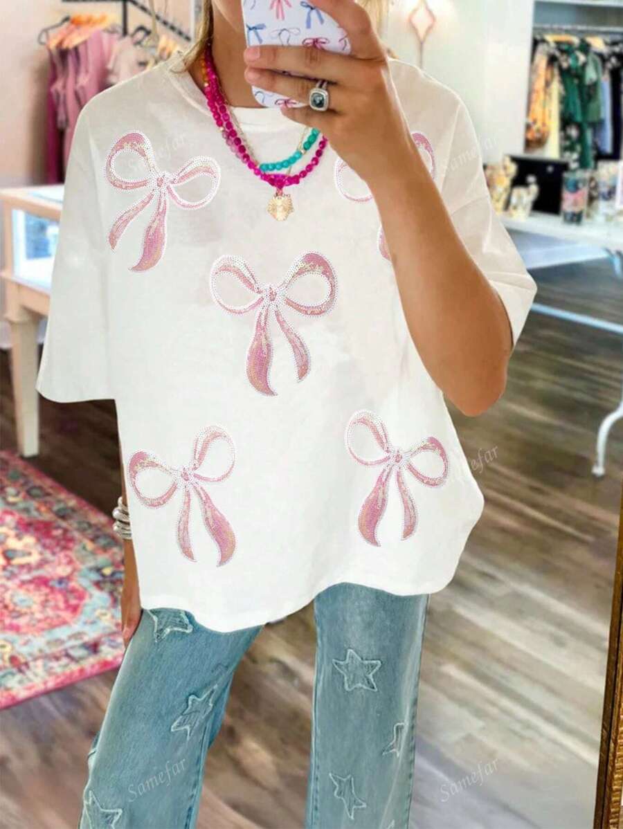 Spring Summer Sequin Bow Knot Drop Shoulder Tee