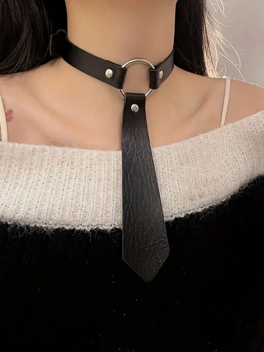 Black PU Leather Collar Faux Necktie Design Sexy Lingerie Accessories Holiday Costume Wear Accessories