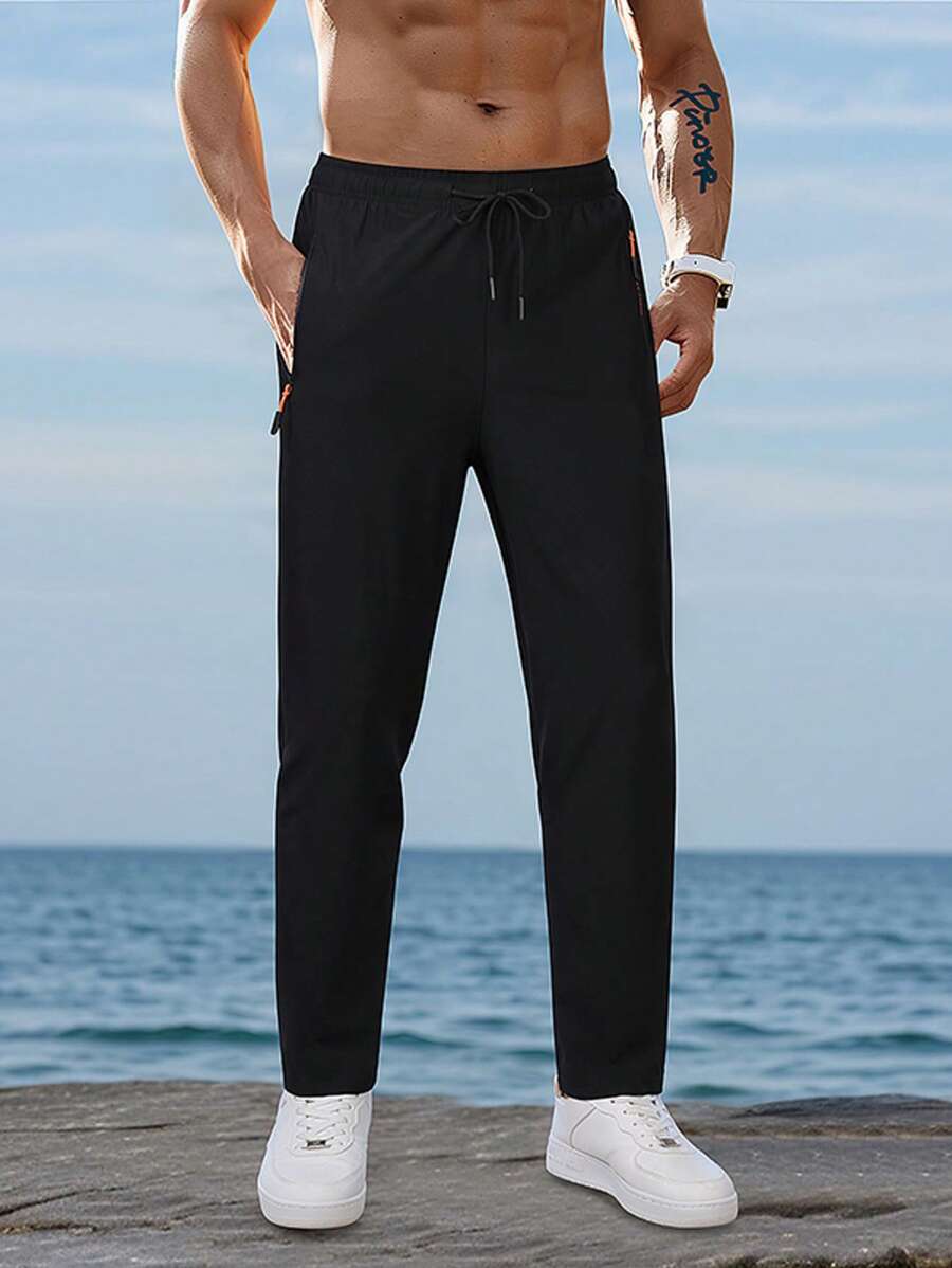 Men's High-Elastic Comfortable Casual Zipper Pocket Adjustable Waist Workout & Training Lightweight Sweatpants, Ideal For Summer