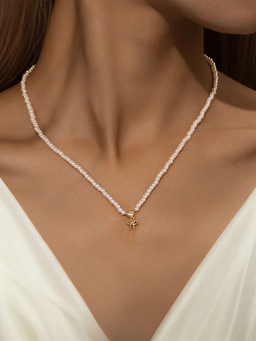 1PC 925 Sterling Silver Love Bow Pearl Pendants Necklace Fine Jewelry Gift For Women Mother's Day Daily Wear Wedding Party Engagement Valentine's Day