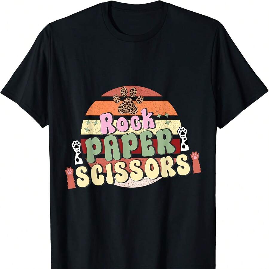 Rock Paper Scissors Hand Game Cute Paw Funny Cat Groovy T-Shirt For Women