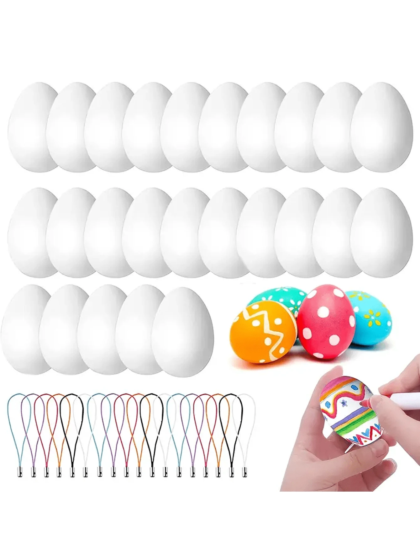 Verpakking van 25 witte plastic paaseieren met hangers, decoratieve eieren zonder veren om te beschilderen en te labelen, zelfgemaakte paasdecoraties, niet-elektrische knutselspullen voor de feestdagen