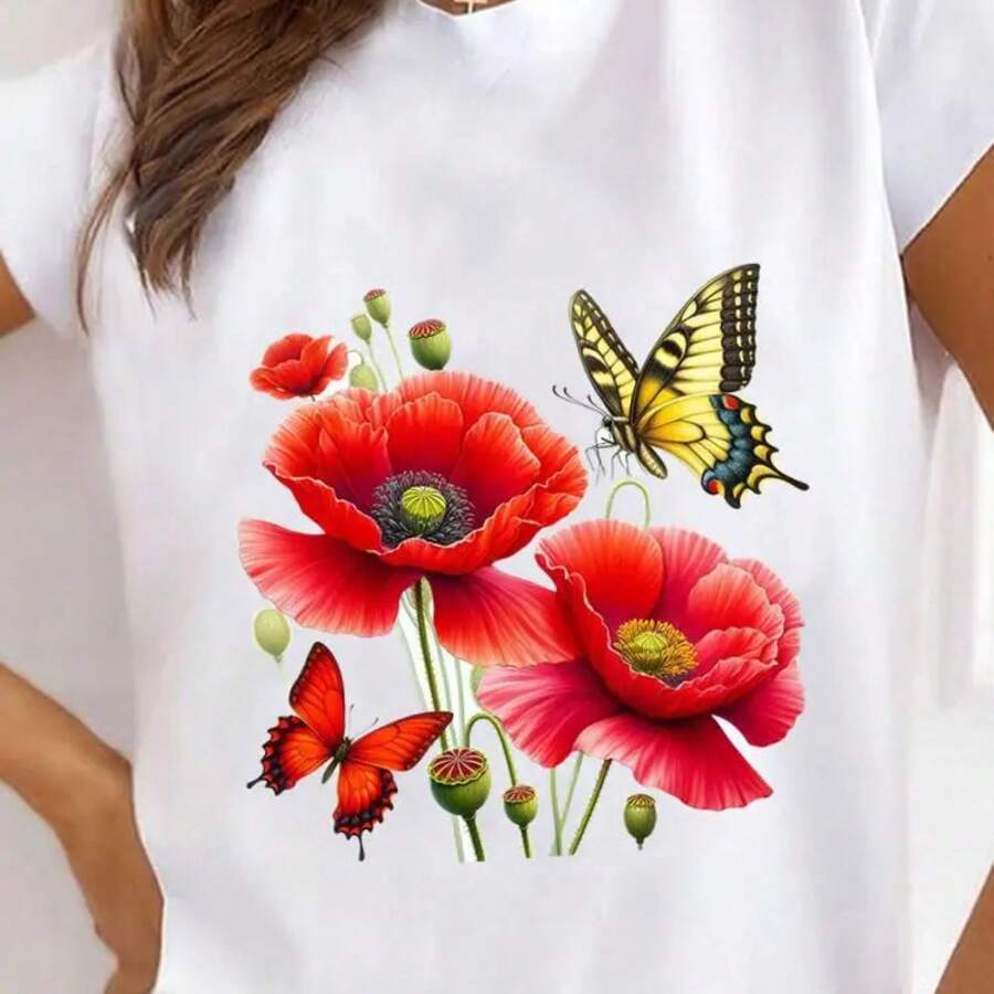 Short Sve Print T Shirt Clothing Tee For Wo Clothes Flower Butterfly 90s O-Neck Fashion Top Basic Graphic T-Shirts