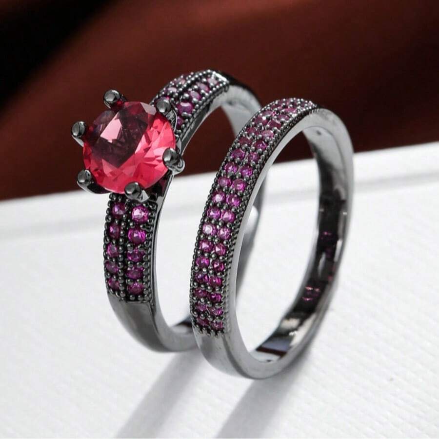 2pcs Wedding Engagement Rings, Elegant Copper & Zirconia Stone Couples Ring Set, Fashion Jewelry Gift For Anniversary, Valentine's Day,Mom,Mother,Mother's Day,Gift