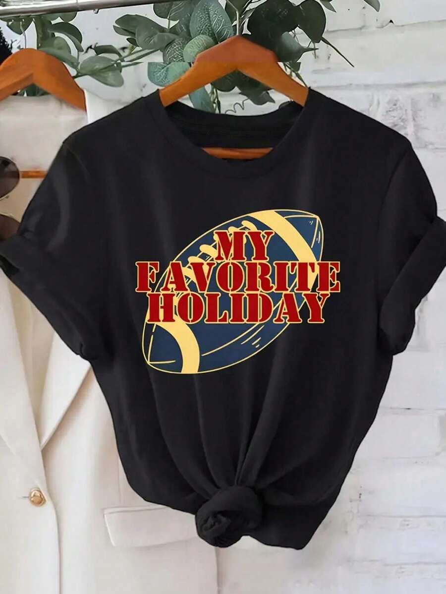 Letter Printed T-Shirt, Short-Sleeved Round Neck Summer And Spring Casual Top, Women's Clothing