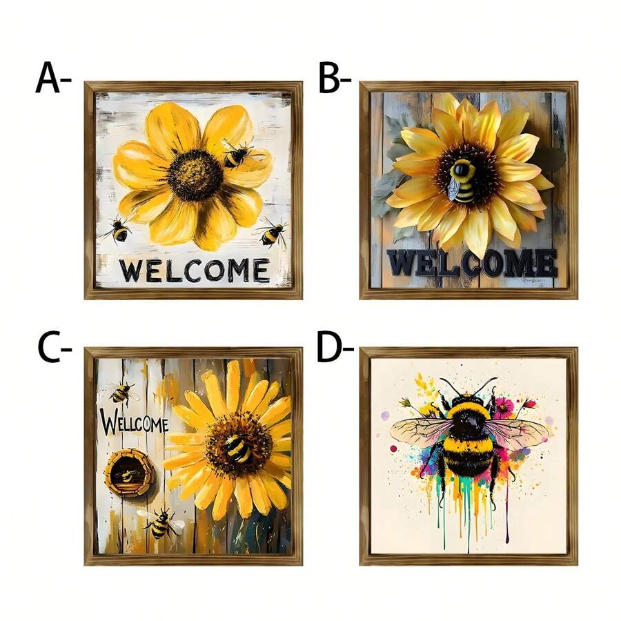 1 st. Rustiek Welkomstbord Met Gele Bloemen En Bijen - Houten Frame, Multifunctionele Seizoensdecoratie, Gemakkelijk Op Te Hangen Huisdecoratie, Lentedecoratie, Paasdecoratie, De Beste Cadeaukeuze Voor Vrienden