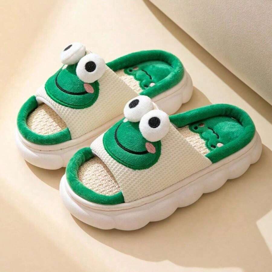 Pantoufles en lin de design mignon de grenouille dessin animé pour la maison et l'intérieur, antidérapantes et enfiler pour femmes et couples