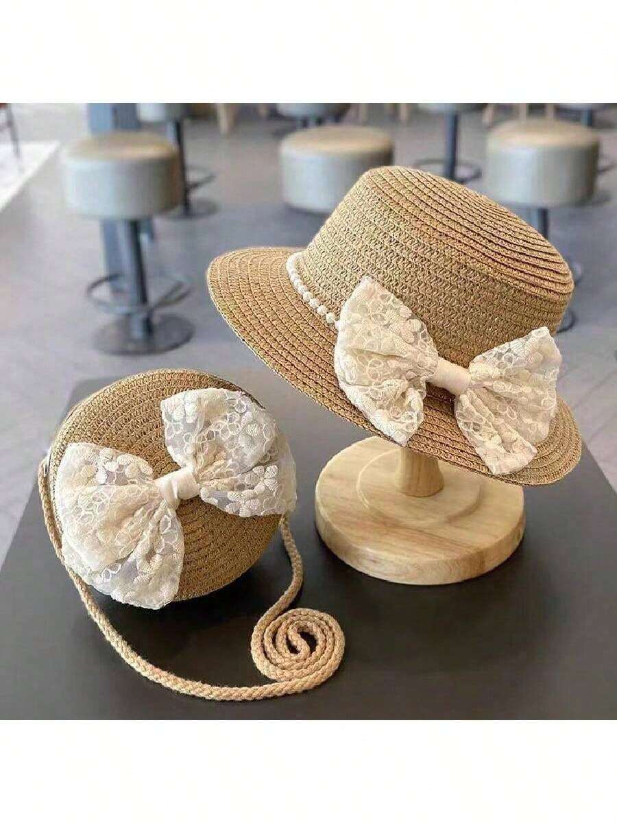 2pcs/Set Girls Princess Straw Hat & Bag, Cute Floral & Bow Design, Summer Beach Hat & Bag Set, Versatile For Daily Wear