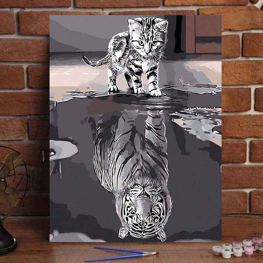 Diy Acrylic Paint Made From Digital Oil Painting Kit For Adults - Frameless 16x20 Inch, Kitten And White Tiger Design, Crease-Free Roll Color Printed Canvas, Complete With Paint And Paintbrush, Perfect For Beginners, Suitable For Home Wall Decoration, Digital Fill Color Relief Crafts