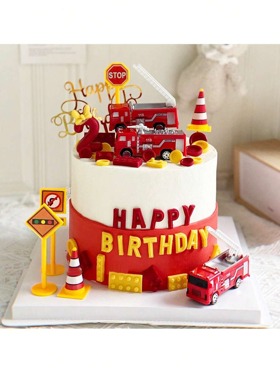1pc Firefighter Cake Decoration Ornament Fire Extinguisher Water Gun Fire Truck Aerial Rescue Vehicle Baking Birthday Ornament Cake Decoration Inserts