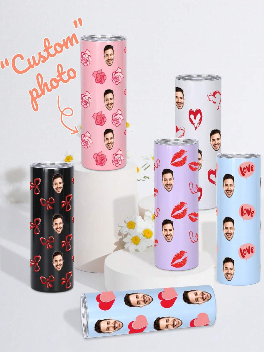1 pieza Botella de agua personalizada de 600ml/20oz, taza personalizada con foto, taza de café de carro, taza recta portátil. Taza personalizada resistente al calor. Regalo para familia, amigos, parejas. San Valentín, Año Nuevo, Vacaciones, Regalos de Boda.