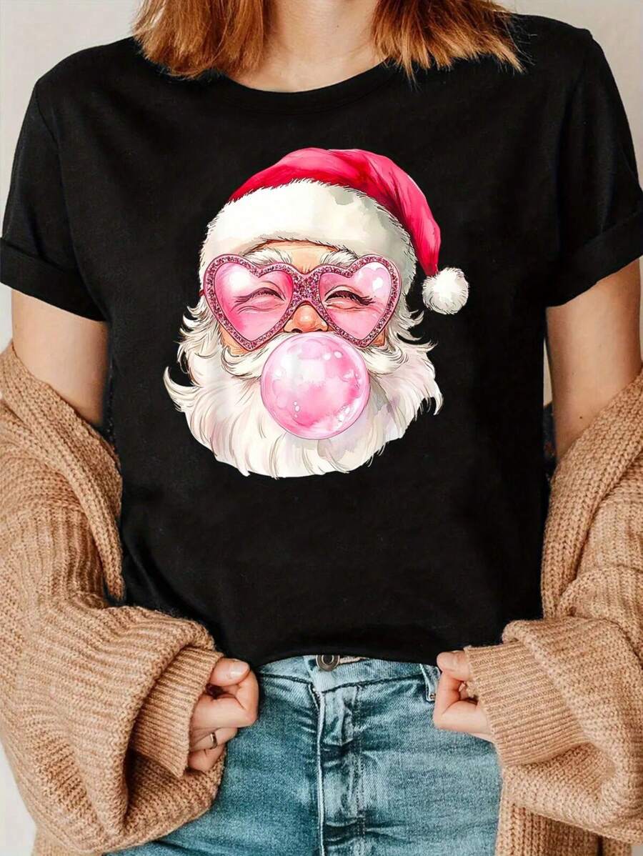 PAYEAH 1pcs 100% Cotton Cute Vintage Santa Claus Christmas Blow Bubble Gum Print T-Shirt Women's Tee Women's Comfit T-Shirt Fit For Spring & Summer, Women's Clothing Cotton 220g Heavy Cotton T Shirt