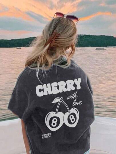 1pc Girls Casual Cherry Graphic Crew Neck Short Sleeve T-Shirt, Summer Student Youth Clothing For Cherry Fruit Lovers