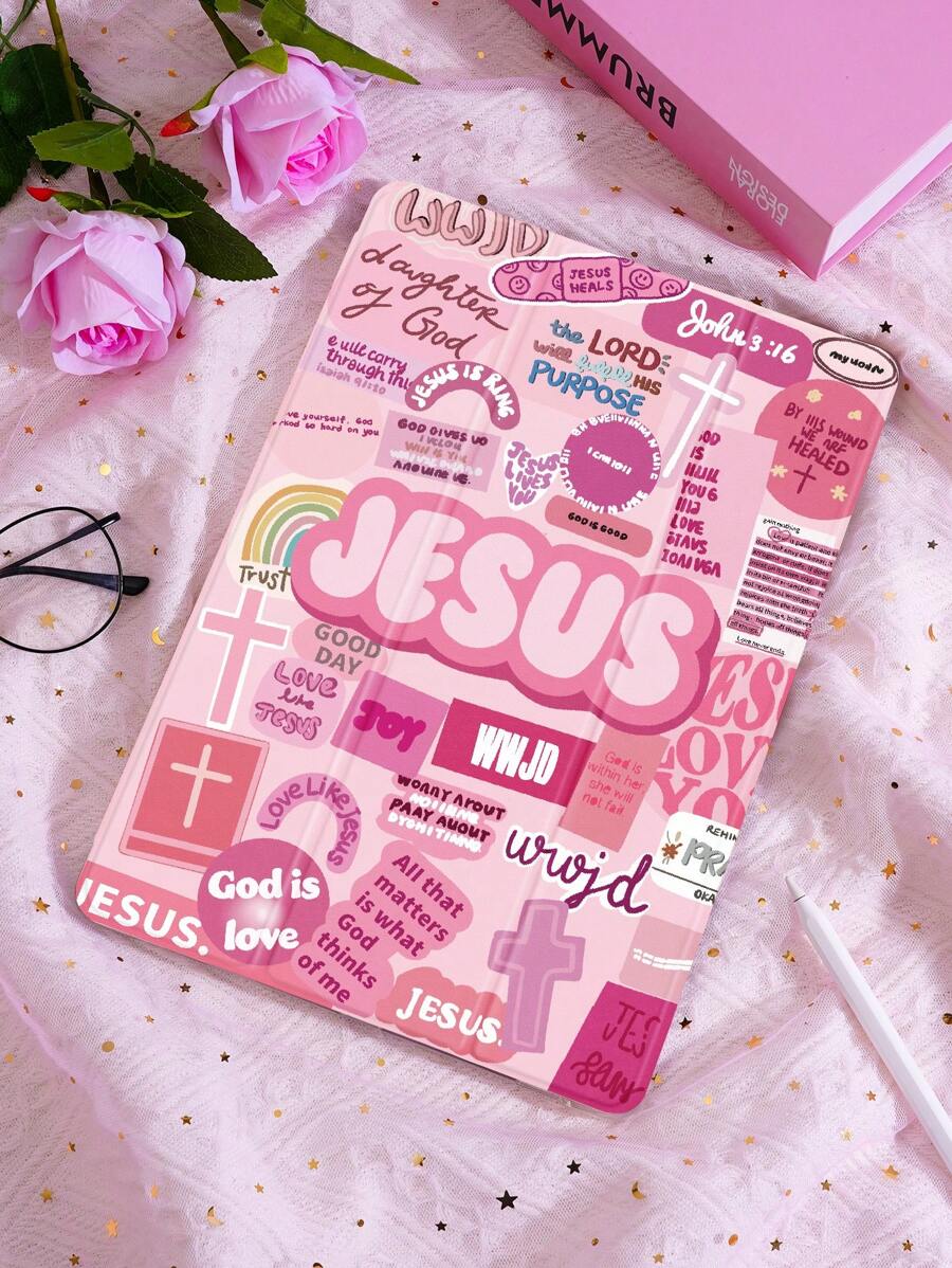 1pc Jesus Letter Collage Pattern Tablet Protective Case, Compatible With IPad 10.2 Inch, IPad Pro 2021/2020, IPad 9th/10th Gen, Galaxy Tab A8 10.5 Inch 2022, Matepad 10.4/Tab, Anti-Drop, With Pen Slot, Sleep/Wake Support