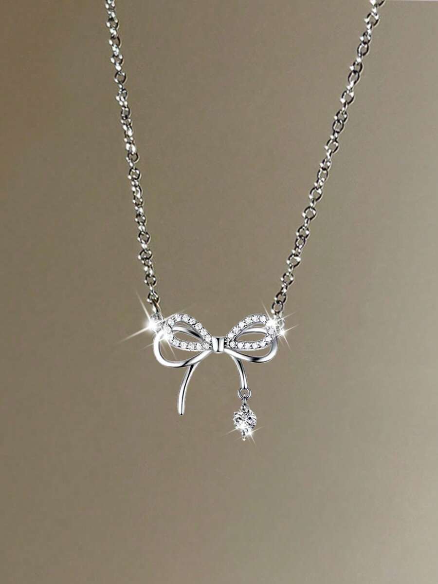 Stylish Rhinestone Bowknot Pendant Necklace, Delicate Clavicle Chain, Minimalist Design, Versatile Jewelry Gift For Her, Valentine's Day Present,Mom,Mother,Mother's Day,Gift