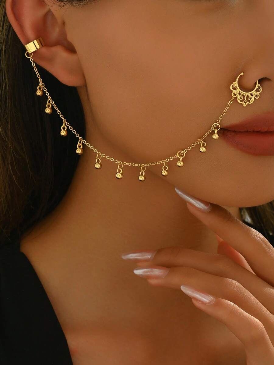 1 peça pingente de borla dourada elegante e luxuoso com corrente conectando orelha e nariz, piercing de nariz falso, clipe de orelha, adequado para uso diário feminino e festas, banquetes, casamentos