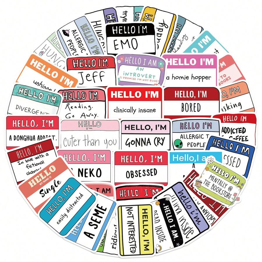 50PCS Hello I Am Stickers Vinyl Aesthetics Stickers Scrapbooking, Diary, Bumper, Skateboard, Water Bottle, Cartoon, Hard Hat, Car Stickers And Decals