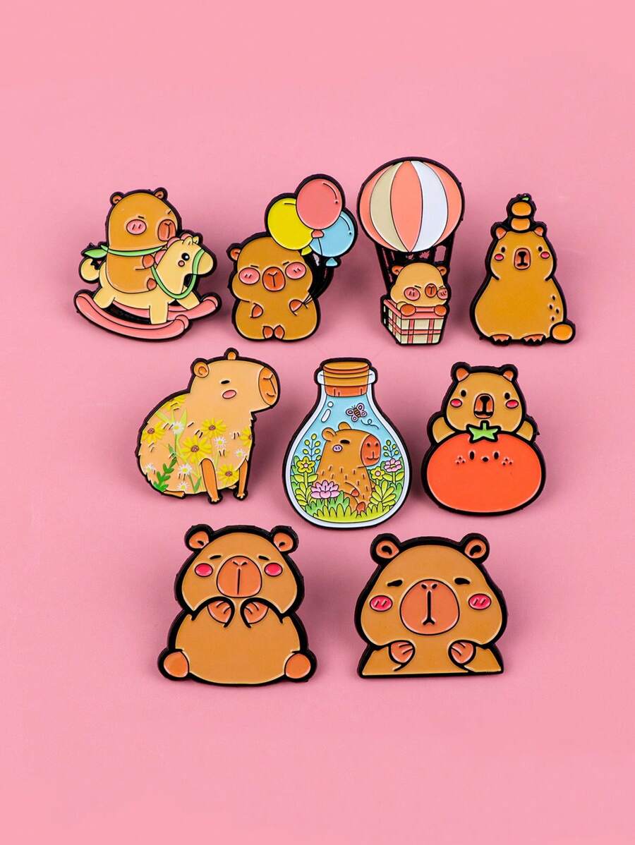 9Pcs Cute Capybara Enamel Pins Cartoon Animal Brooches Badge Lapel Pin For Backpack Clothes Accessories Kawaii Jewelry Birthday Gifts
