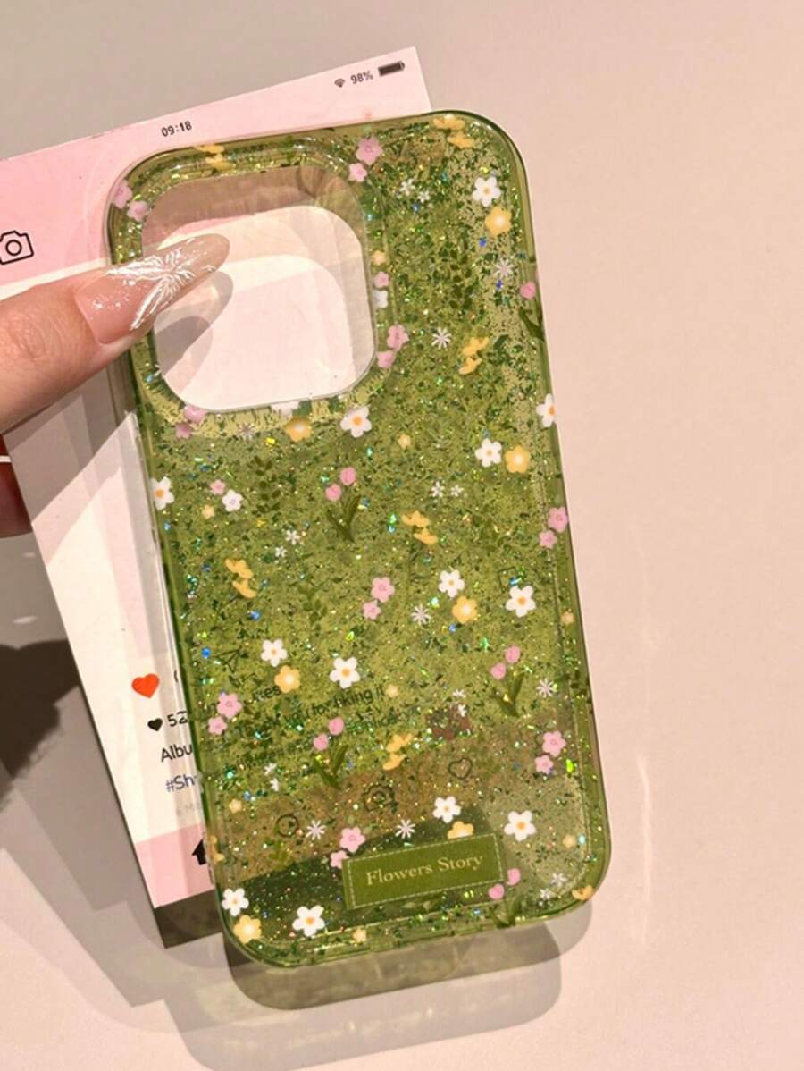 Funda de teléfono suave y con flores primaverales y lentejuelas para 16 16 15 14 13 12 Pro Max 11, funda protectora con flores adorables