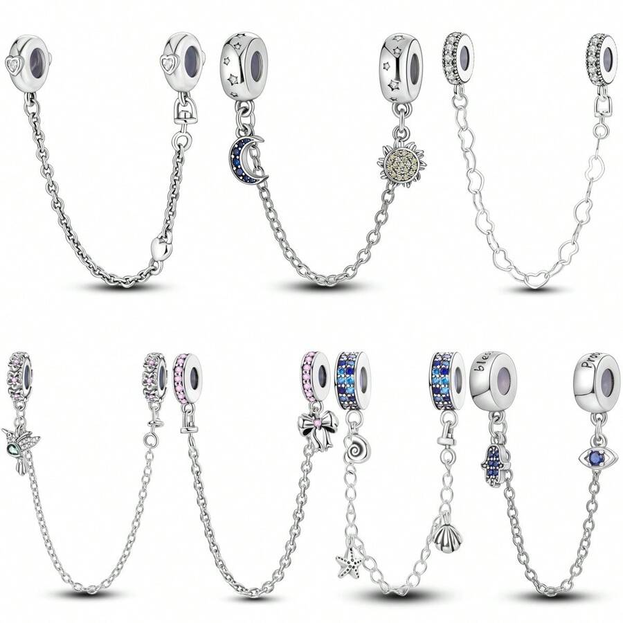 1 pieza Dije de color plateado exquisito con circonita, diseños de palmas, ojos, sol, luna, colibrí, mariposa, infinito, lazo y nudo, cierre de silicona seguro con cadena, adecuado para hacer pulseras, collares y dijes de joyería DIY para mujer y niña como accesorio diario
