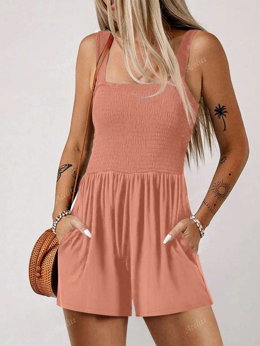 Acelitt Mono corto de tirantes casual y sencillo para mujer con cuello cuadrado, unicolor y empalmado con trenzado en el pecho
