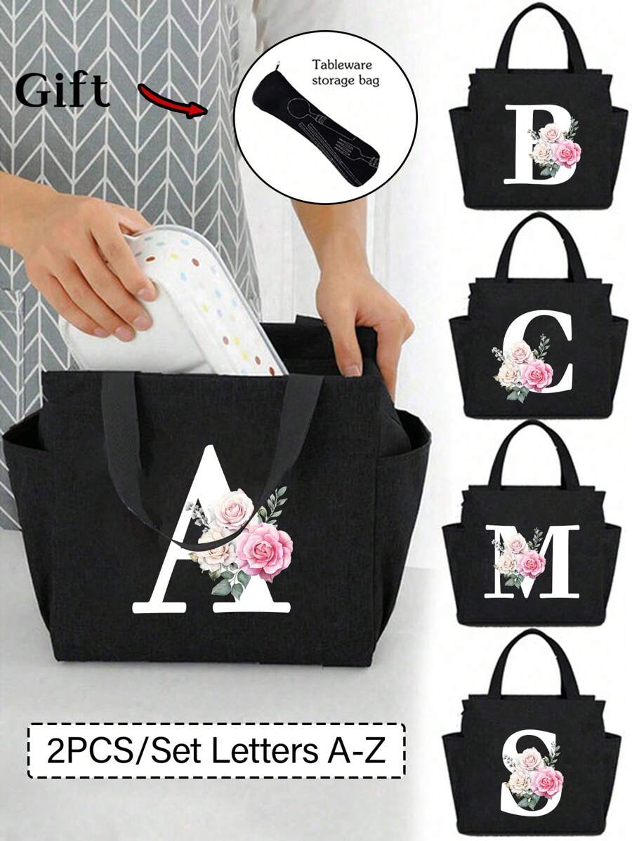 2 pièces/Set Sacs isothermes imprimés avec lettres A-Z et boîte de rangement pour couverts, sac à lunch à double poche