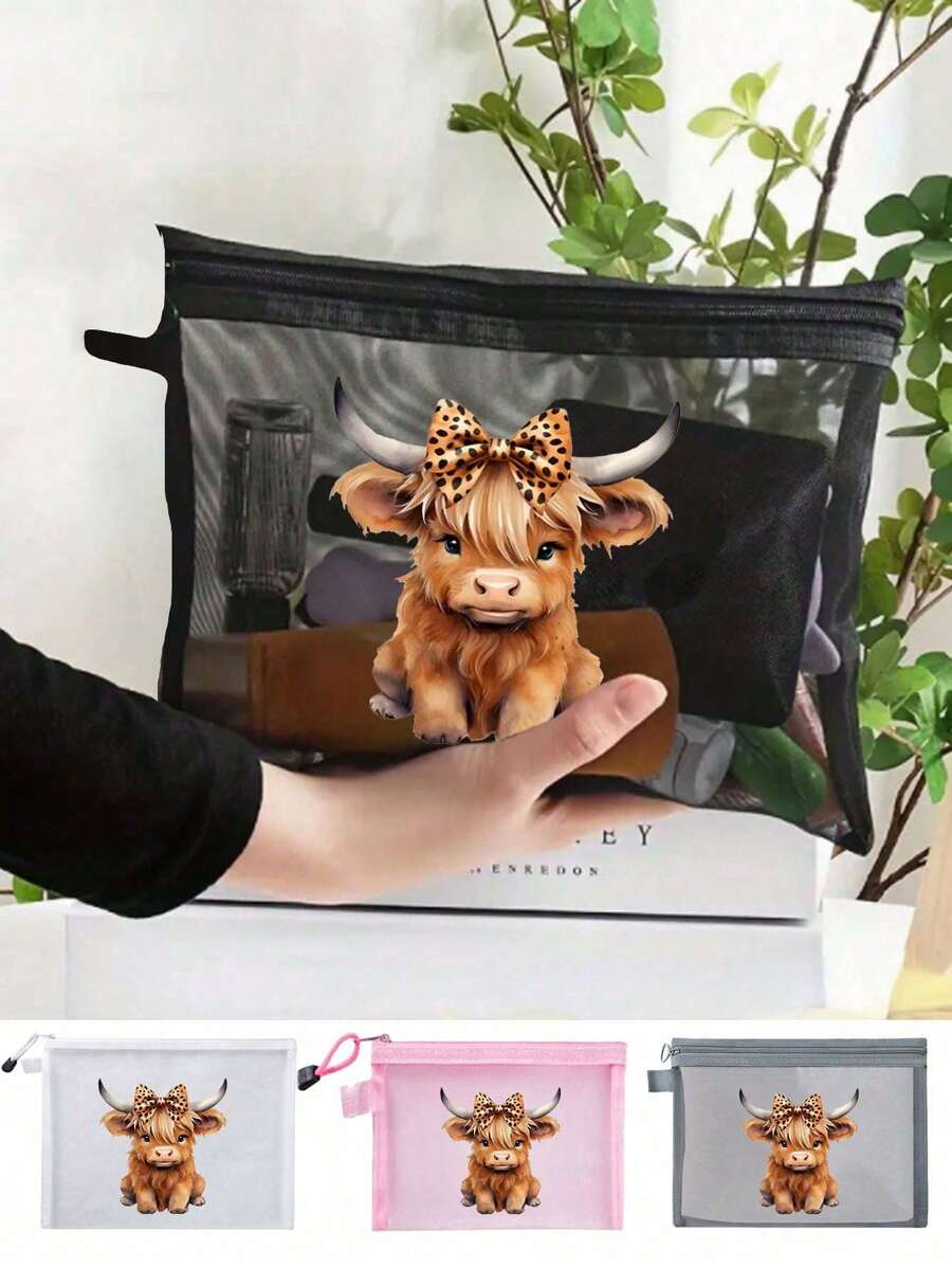 Charming Highland Cow Theme Printed Mesh Cosmetic Bag/Makeup Bag, Lipstick And Nail Polish Storage Bag,Skincare Essential Oil Storage,Air Cushion Storage Portable Storage Bag, Skincare Bag, Travel Essentials, Dormitory Supplies, Wedding Bride Gifts, Mother Gifts, Birthday Gifts, Gifts For Friends And Teachers, Bathroom Storage, Jewelry Storage, Lip Oil And Cosmetics Storage Bag,Items For College Students Starting School,Mother's Day Gift For Mom,Boho Vibes