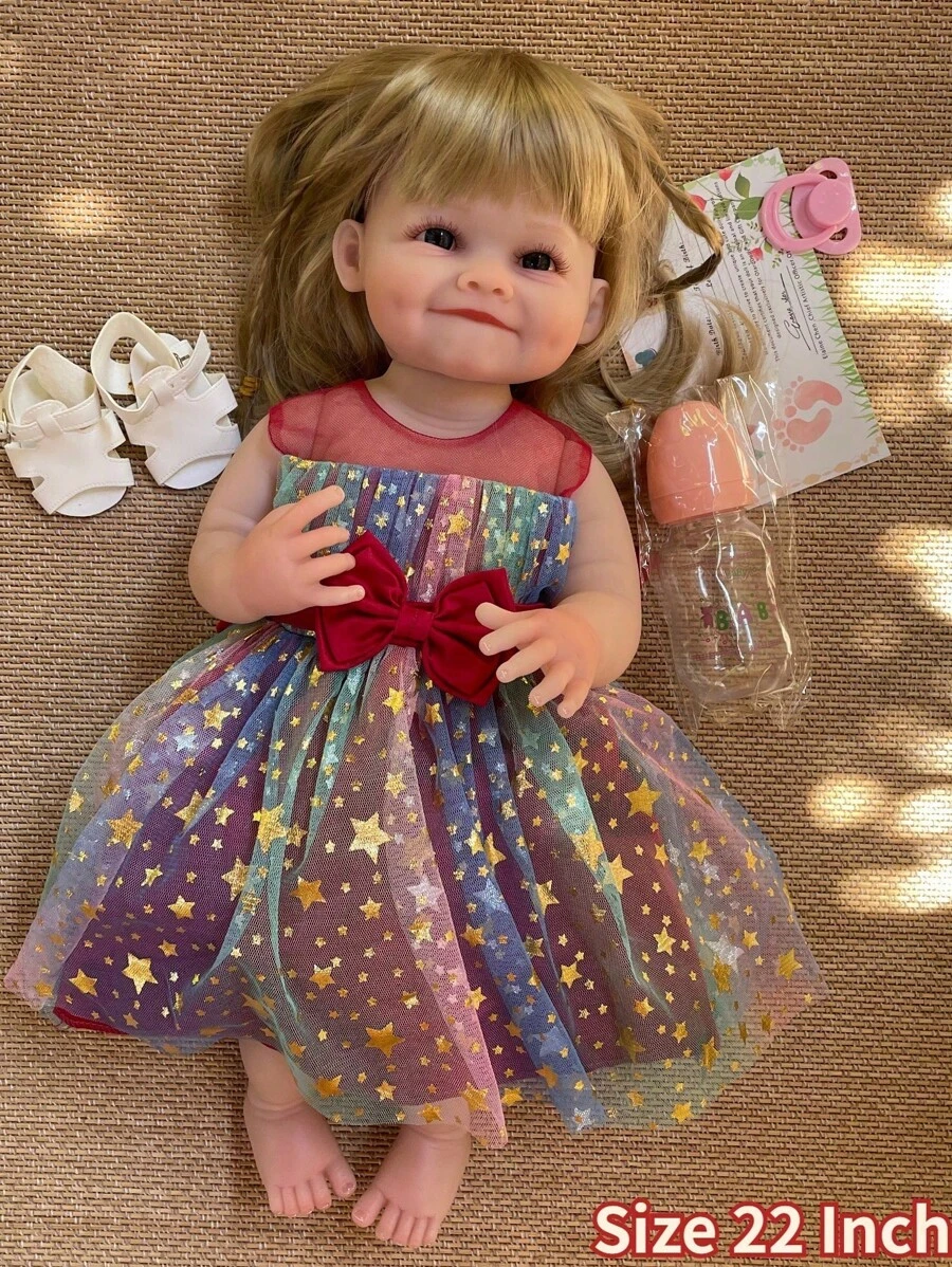 22 Inch Smile Girl Reborn Baby Doll Handmade Soft Touch Full Body Soft Vinyl Newborn Baby Doll For Children Birthday Gifts