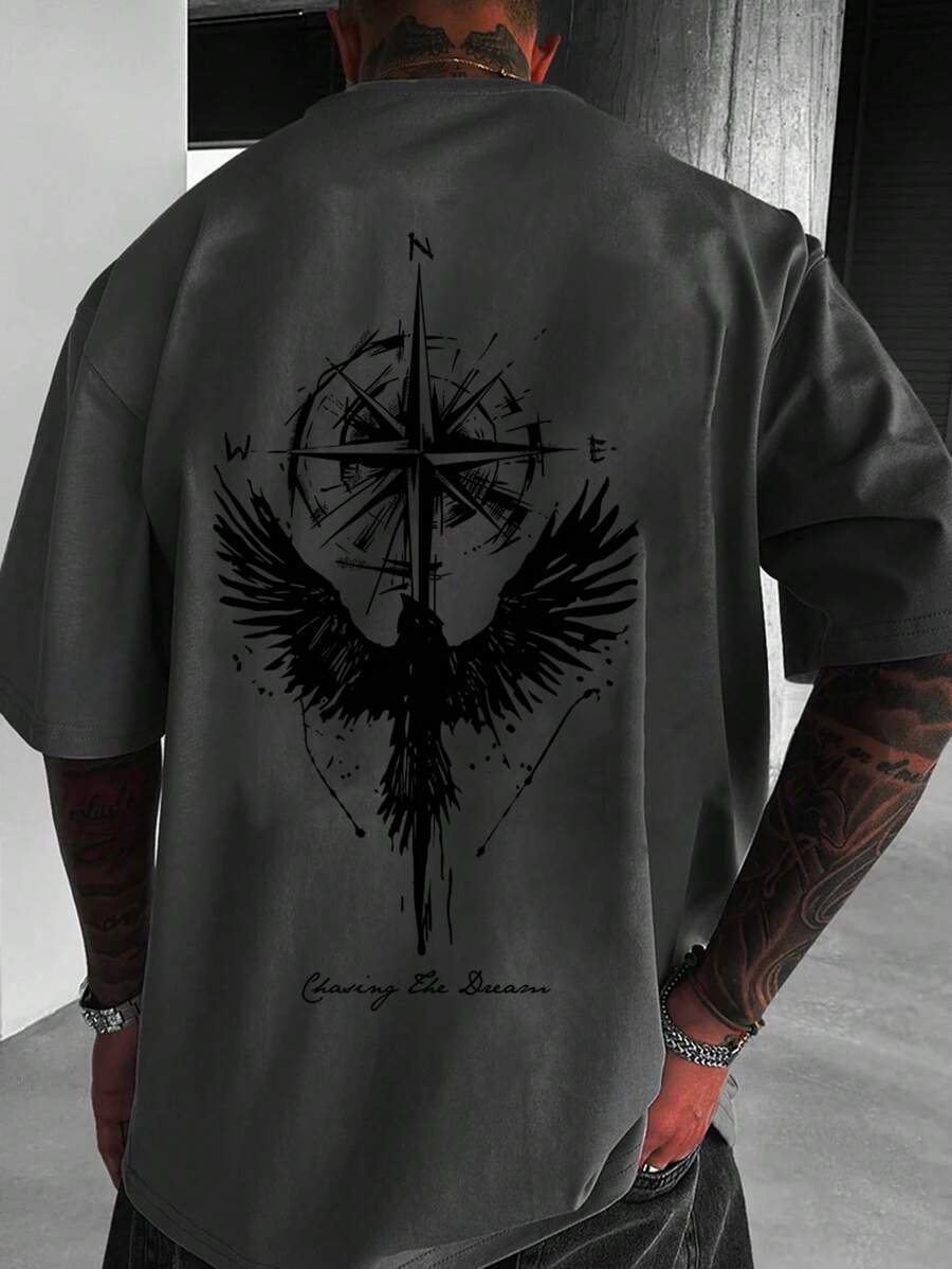 Camiseta de manga corta de cuello redondo con estampado de águila casual para hombre, de verano