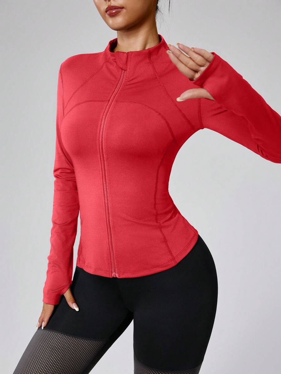 Chaqueta deportiva de manga larga con cremallera, de unicolor, con ojales para el pulgar, ajuste ceñido para fitness, yoga, correr