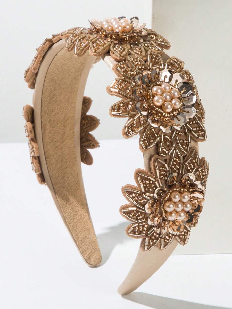 1 pièce Serre-tête fait à la main à fleur nouvelle coréenne de printemps pour femmes, décoré de perles de faux et de paillettes vintage, bandeau de cheveux polyvalent