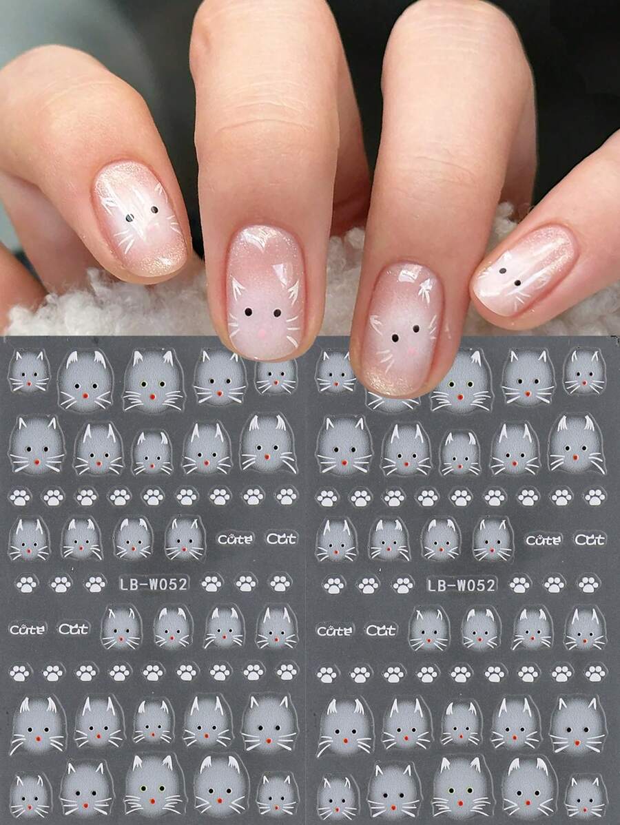 2 piezas de pegatinas de uñas con diseño lindo de gato blanco, estética kawaii de gato, decoración de manicura estilo Y2K coreana, calcomanías deslizantes DIY