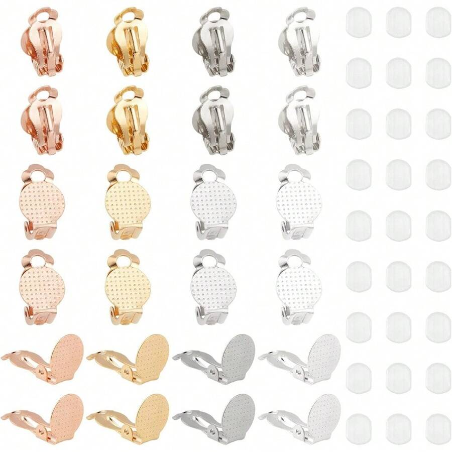 MAGICALCUTDIE 40pcs 4 Colors Stainless Steel Clip-On Earrings Non Pierced Earrings Hypoallergenic Clip Round Earring With Silicone Earring Pad For Jewelry Making