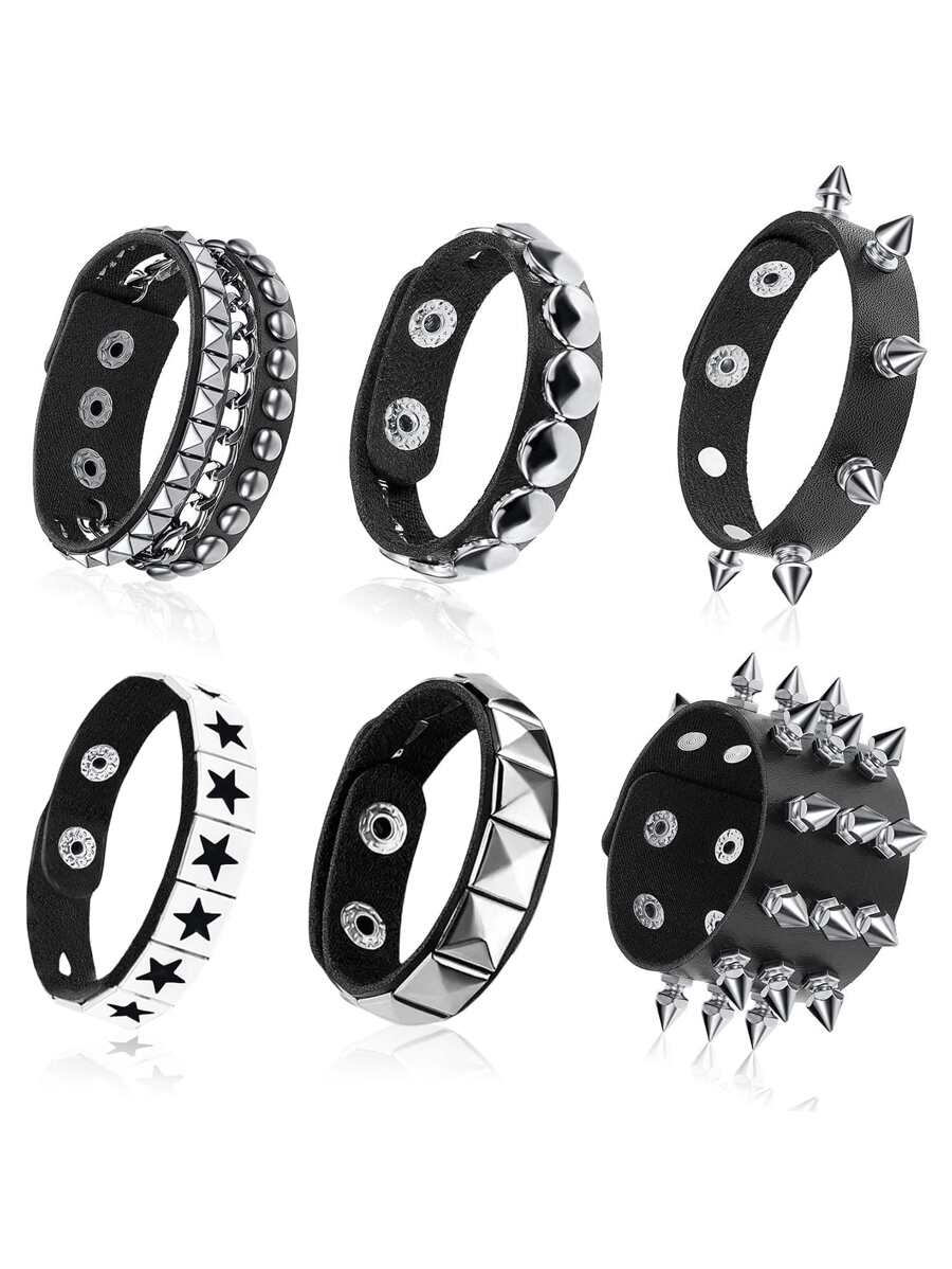 Brățări cu țepi, punk, din piele, cu nituri, brățară tip manșetă pentru bărbați și femei, set de brățări punk rock, brățară tip manșetă din piele cu țepi, anii '80, brățară emo, accesorii punk reglabile, brățară tip manșetă din piele cu țepi, pentru purtare zilnică și cadouri, bal, Halloween