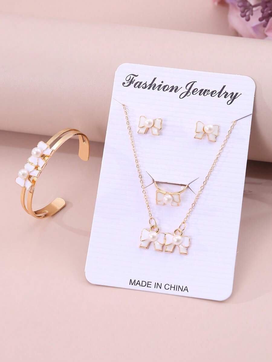 5pcs/Set Girls Bow Decoration Necklace, Bracelet, Earrings, Ring Jewelry Set