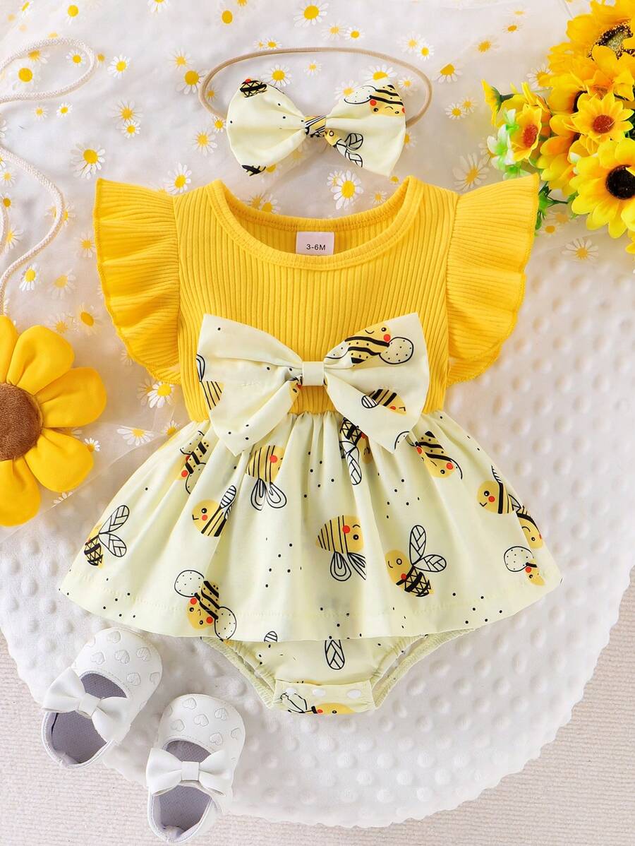 Conjunto de 2 piezas de vestido mono informal con parches a rayas y decoración de abeja, con cintura ajustada y diadema para bebé niña