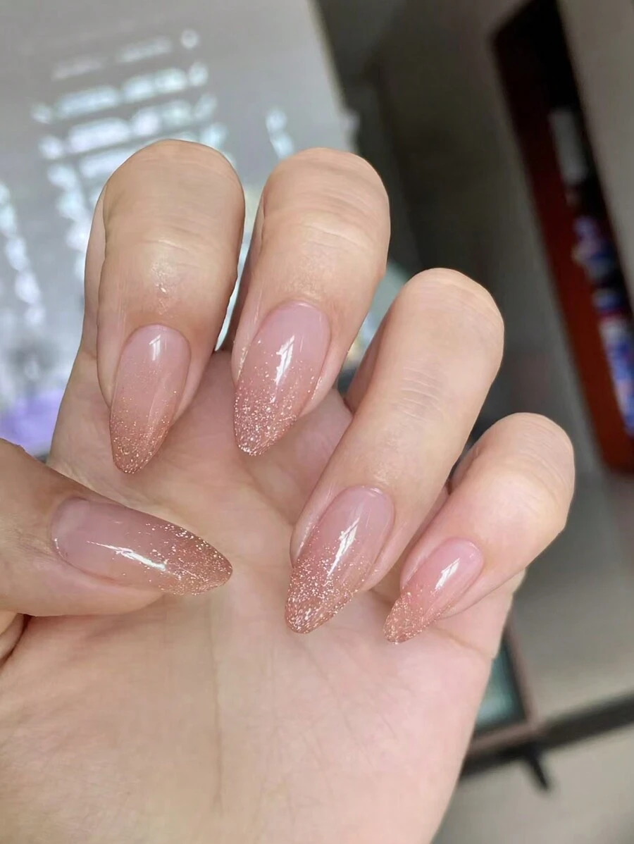 30 piezas de esmalte de uñas brillante y chispeante tipo Aurora, puntas de uñas de forma almendrada que cubren por completo, diseño de uñas ombré de color neutro, adecuado para fiestas de niñas, uso diario, incluye pegatinas adhesivas para uñas y lima de uñas