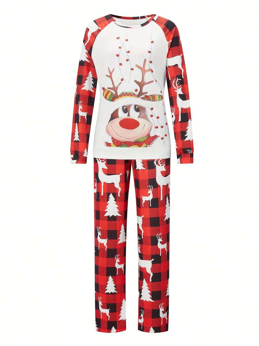 Merry Christmas Red Plaid Pajamas Sets For Women - Elk Print Long Sleeve Tops And Red Plaid Pants Sleepwear
