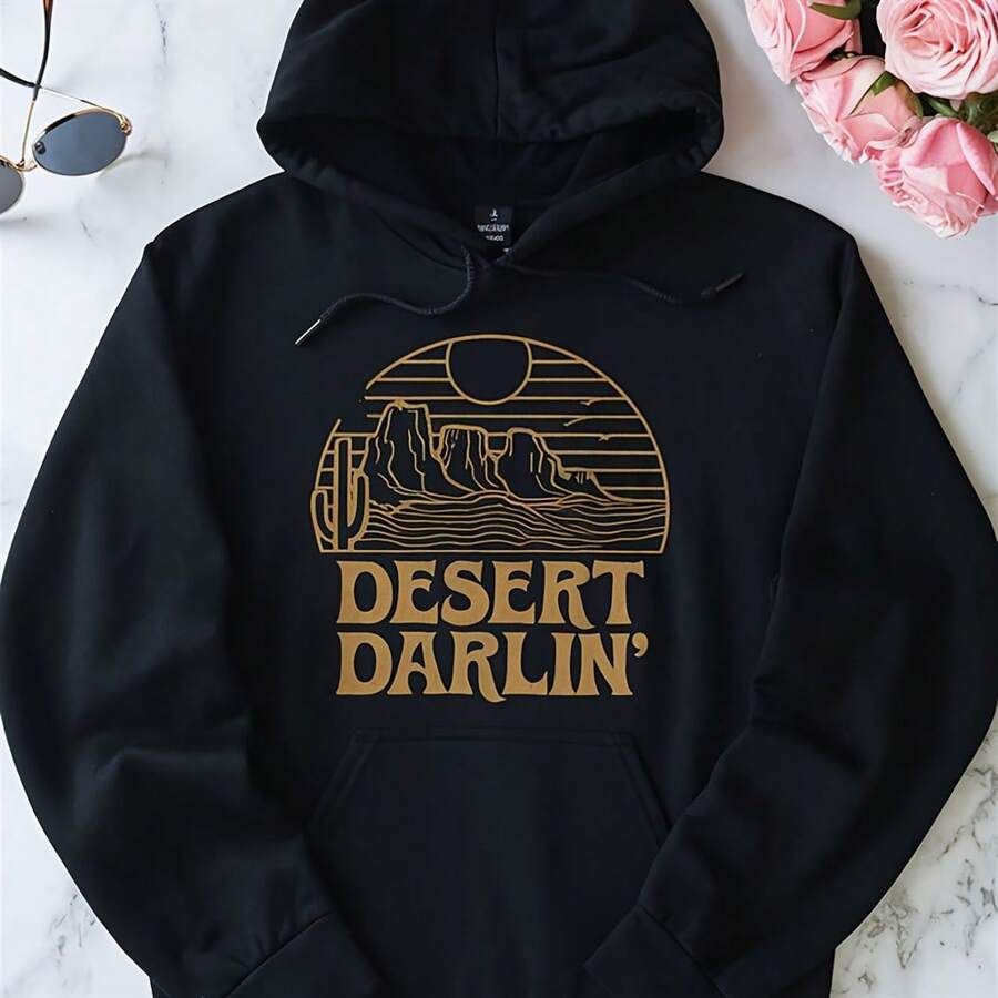 Women's Casual Black Hoodie With Letter Print - Blend, Drawstring, Kangaroo Pocket Machine Washable FallWinter Collection