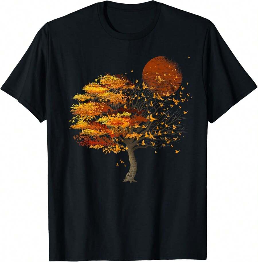 Full Moon Flock Of Birds Tree Outdoor Wildlife Nature Forest T-Shirt.Jpg