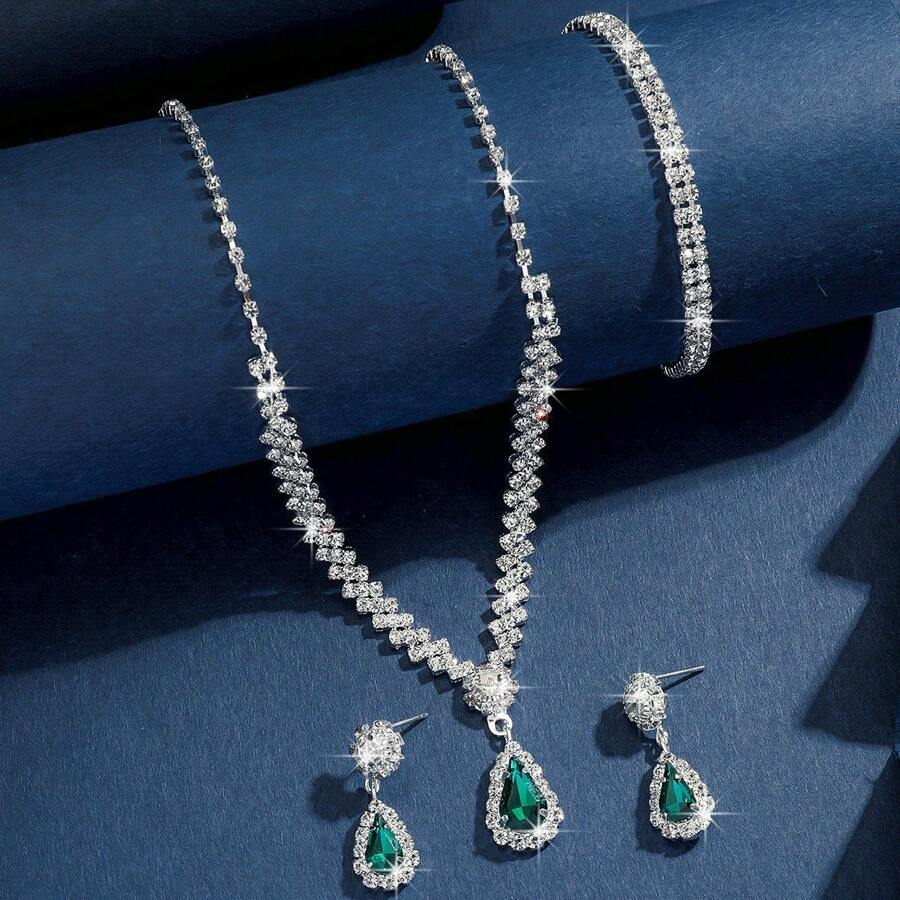 Conjunto de joyería de 3 piezas: collar, aretes y pulsera con diseño de flor de cristal completo, joyería nupcial y accesorio de vestido para mujer