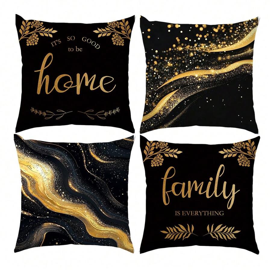 4pcs Set Simple Black & Gold Marble Texture Home Cushion Cover, Single-Sided Printed Peach Velvet Material, 45*45CM/18*18inch Throw Pillow Case Suitable For Modern Minimalist Sofa, Living Room Decor, Gift, Party Decoration