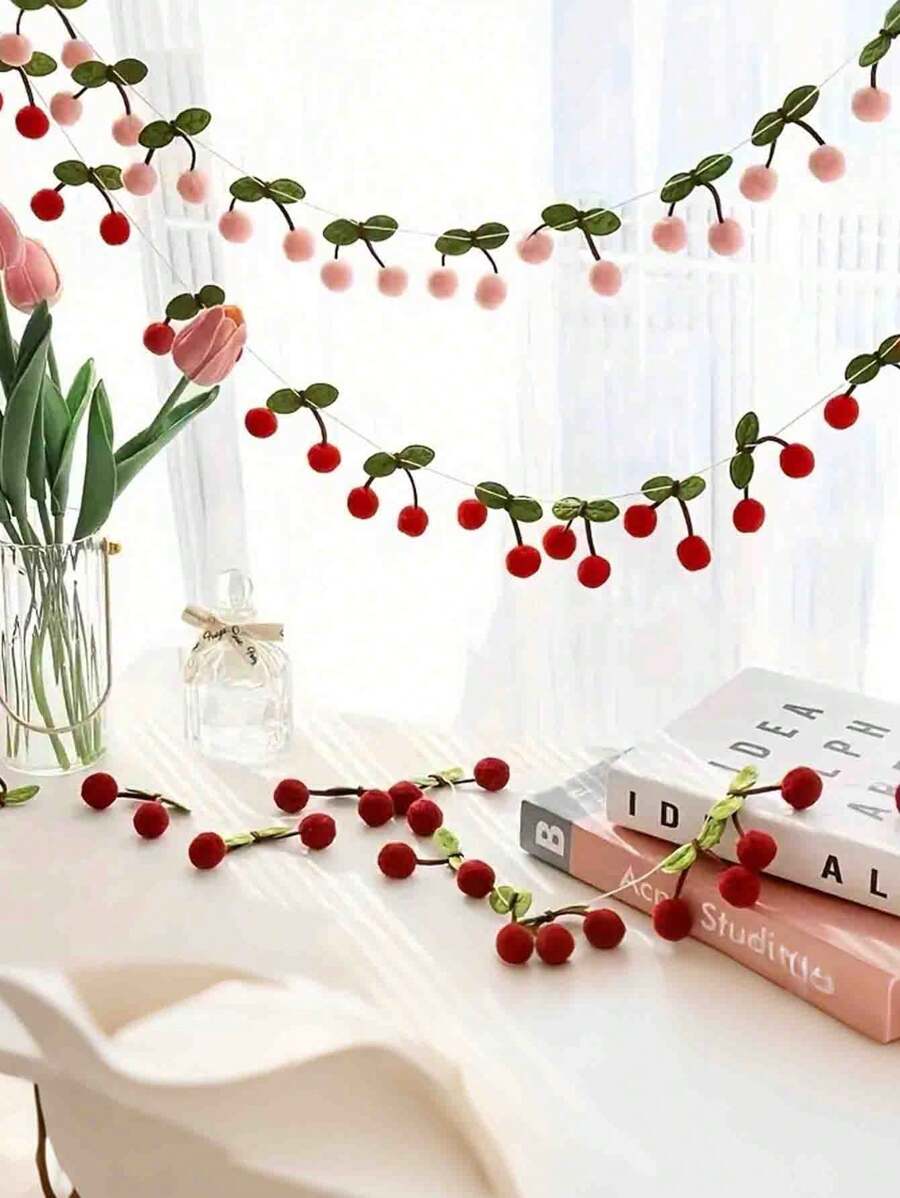 1pc Cherry Blossom Pom Pom Banner,Art Deco Cherry Blossom Garland Decor, Polyester Cherry Blossom Garlands, Colorful Ball Hanging Decoration, Fabric Cherry Pom Pom Banner, Wall Hanging For Wedding, Birthday Party, Valentine'S Day, Spring & Summer Room Wall DecorationDIY Threaded Ornament, No Power Needed, Suitable For Bedroom Wall, Holiday Party, Home Kitchen Festival Decor
