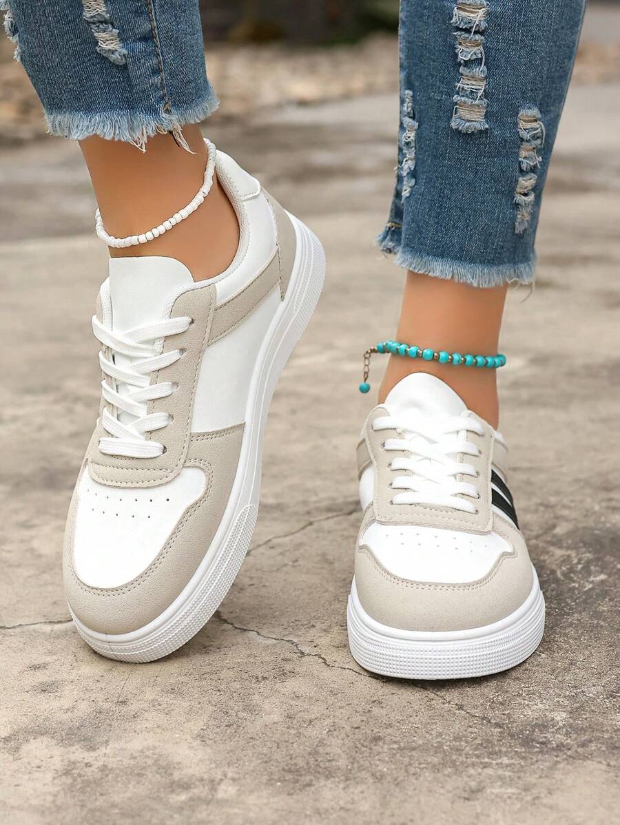 New Fashion Color Block Flat Platform Sneakers, Comfortable Breathable Lace-Up Casual Sport Shoes For Women