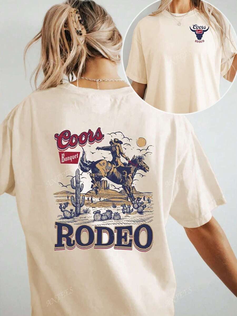 Loose Fit Short Sleeve T-Shirt, Western Cowgirl Style, Fashionable, High-End, Campus, Youth, Teenage Girls, High School, Y2K Retro, Outdoor, Minimalist