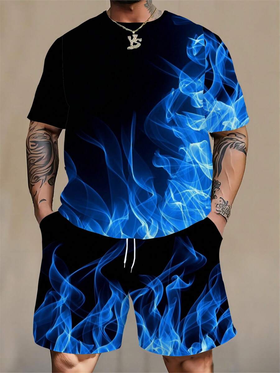 Conjunto de chándal de talla grande con estampado de llamas azul degradado | Top de cuello redondo con gráfico 3D | Poliéster elástico y transpirable | Estilo deportivo casual | Corte holgado de talla grande | Adecuado para uso diario y eventos