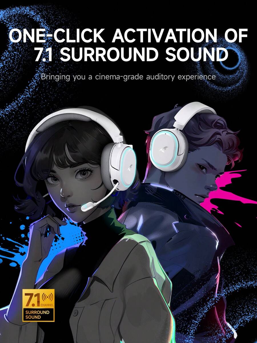 Picun Picun 2.4GHz Wireless Over-Ear Game Headphone, 2.4GHZ Wireless Game Headset, Ultra-Low Latency Mode, ENC Noise Cancellation Microphone & Retractable Microphone, 7.1 Channel Mode, Wireless V5.4 For Fast & Stable Connection, 100Hrs Long Battery Time