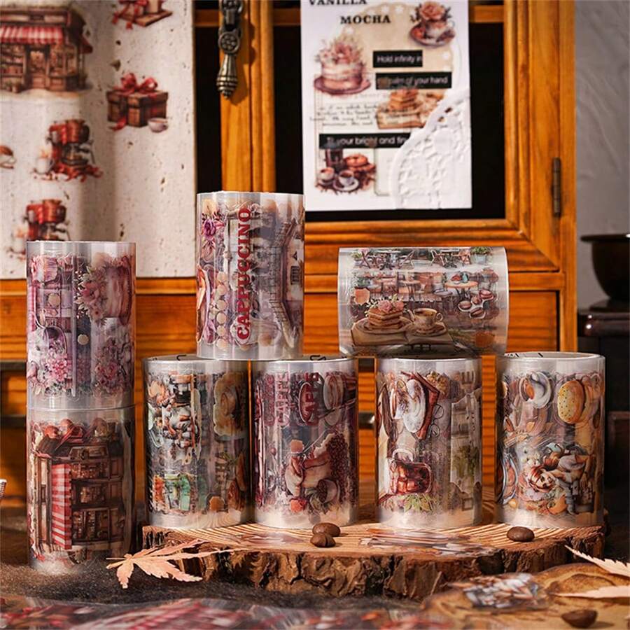 4 rotoli/scatola, nastro adesivo decorativo resistente all'acqua a tema caffè del mattino, confezione regalo per scrapbooking, diario, custodie per cellulari, collage, Natale, per ritornare a scuola