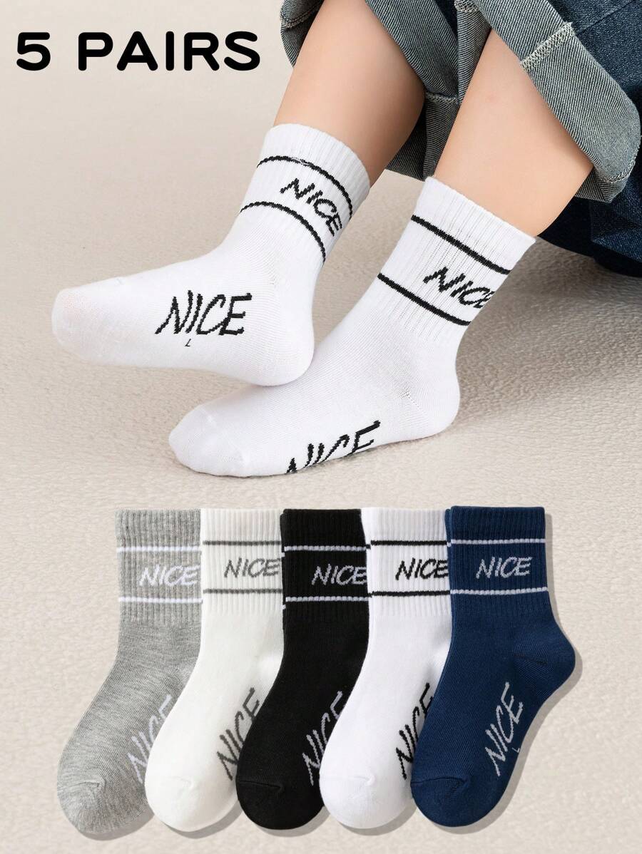 5 pares de calcetines para niños/niños de media pantorrilla con patrón de líneas "NICE" en negro, blanco, gris, azul marino, elásticos y con costillas altas, cómodos y versátiles, con estilo deportivo y universitario clásico, para usar en primavera, verano, otoño e invierno, para niños y niñas